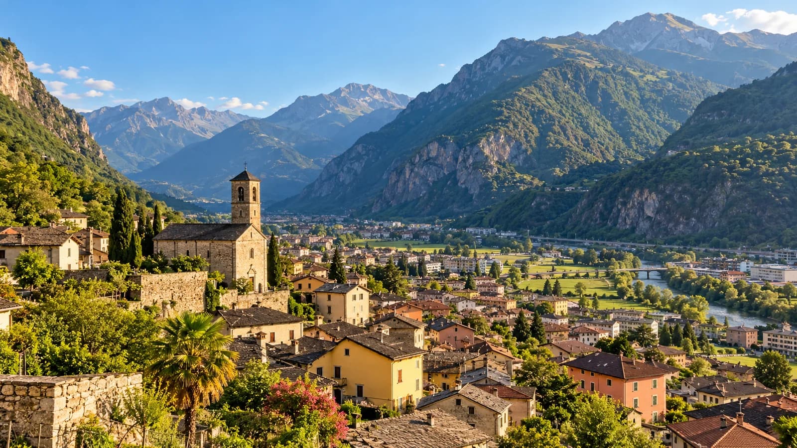 Illustrazione generata con IA ispirata alla regione di Biasca: borgo ticinese con chiesa in pietra e montagne delle Tre Valli