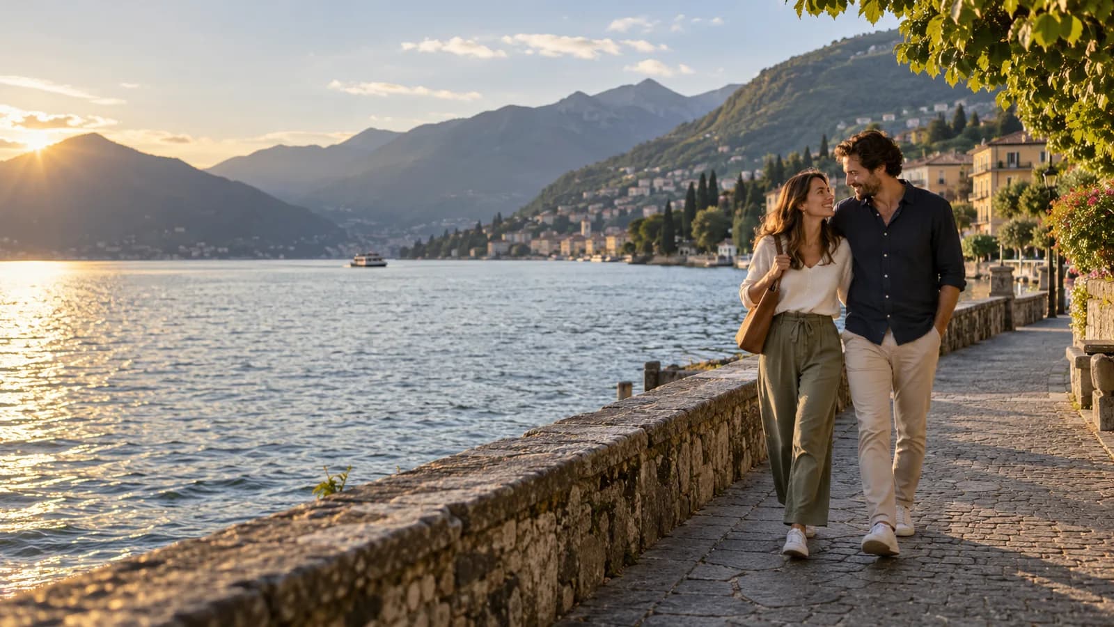 Illustrazione IA: una coppia passeggia sul lungolago in Ticino